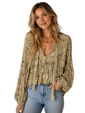 NWT BL^NK LONDON ANORIKA SHEER FLORAL V NECK TIE BLOUSE SMALL